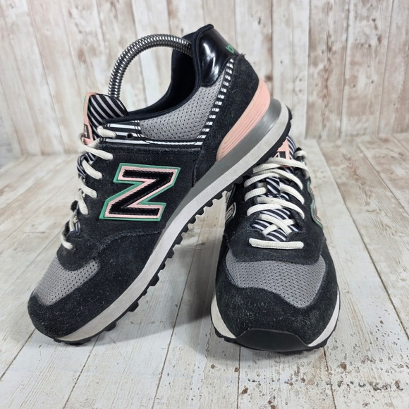 New Balance 574 WL574BFK Black Pink Green Women's Athletic Shoes Size 7 - Picture 5 of 8